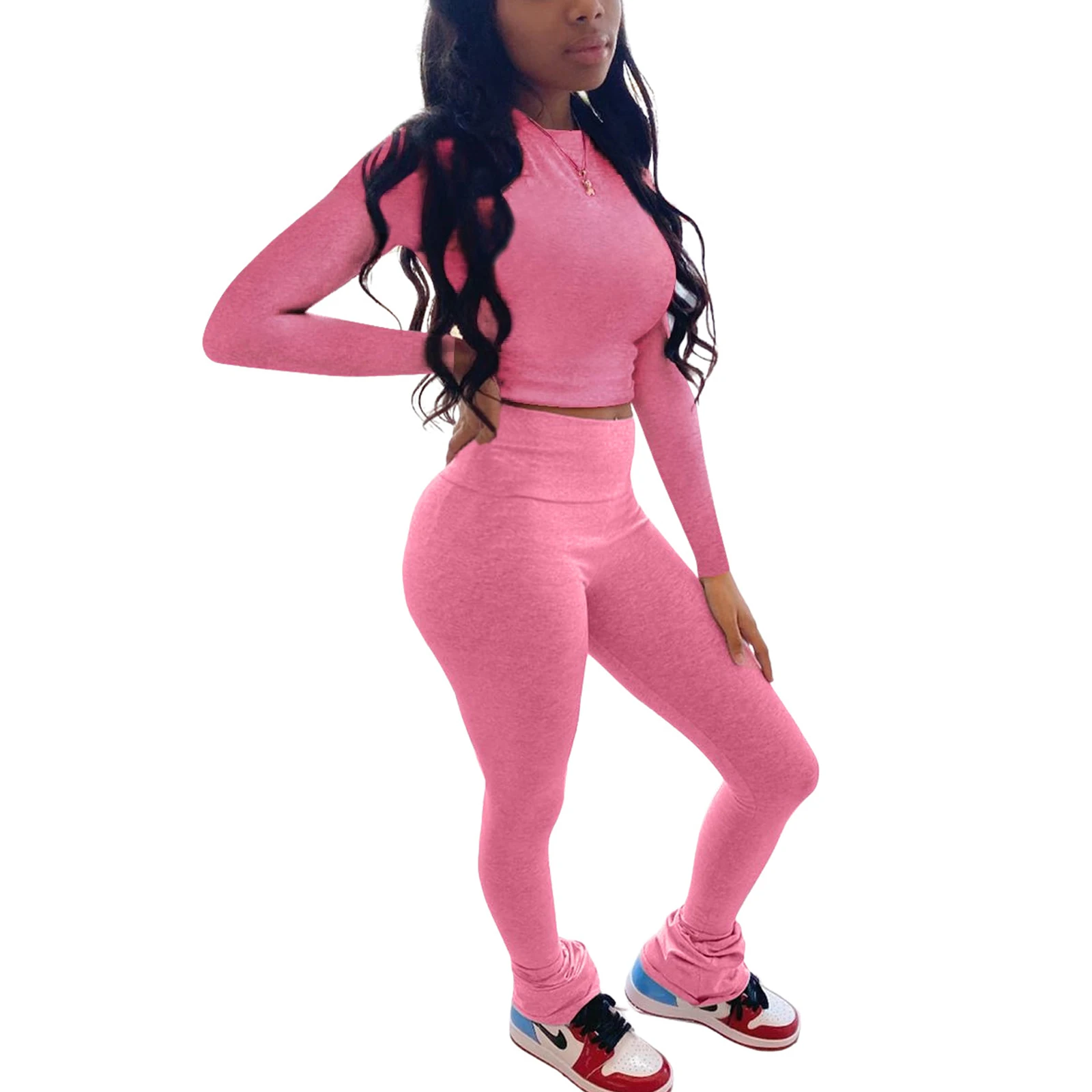 

Women's Round Collar High Waist Sports Suit, Casual Tight Solid Color Two-pieces Set, Long Sleeve Top Long Pants Outfit