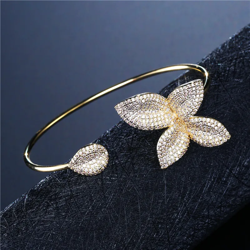 RAKOL New Fasjopm Butterfly Shaped Cubic Zirconia Big Flower Bracelet&ampBangle For Women Wedding White Gold Color Bridal Jewelry |