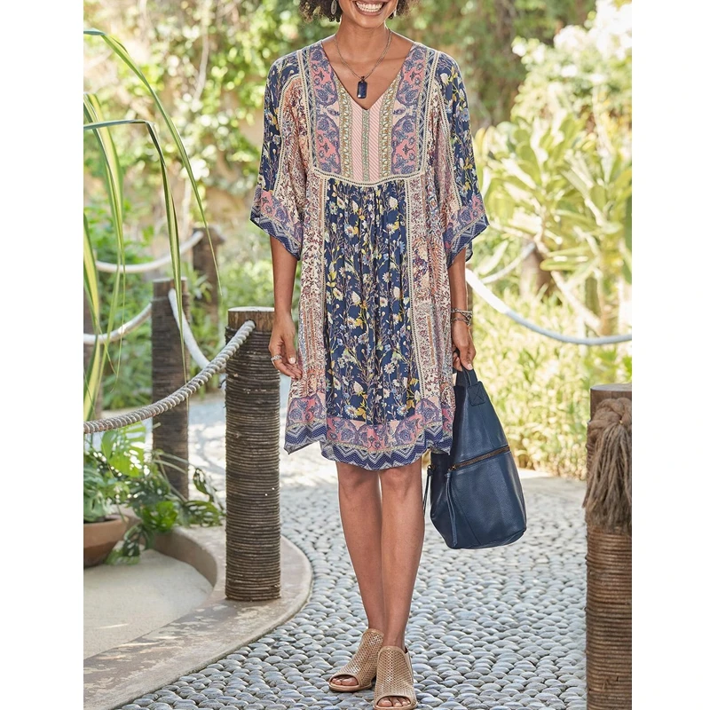 

WEPBEL Bohemian Dress Women's Casual Half Sleeve Printed Loose Dress Summer Fashion V-neck Stitching Knee-Length Dress