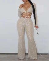 autumn women 2 pieces sequin tied detail crop top flared leg pants set 2022 femme sexy party clothing lady evening wear traf