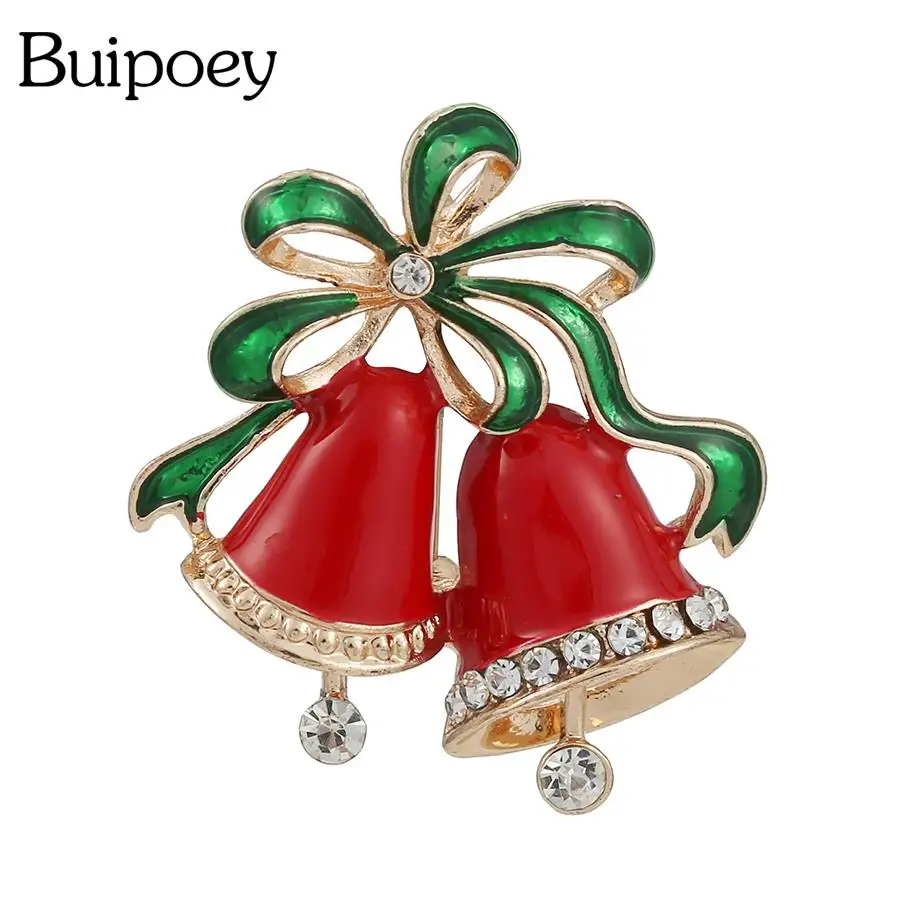 

Buipoey 2021 Christmas Ribbon Bell Shape Brooches For Women Girls Original Red & Green Enamel Bow Gold Boutonniere Xmas Kid Gift
