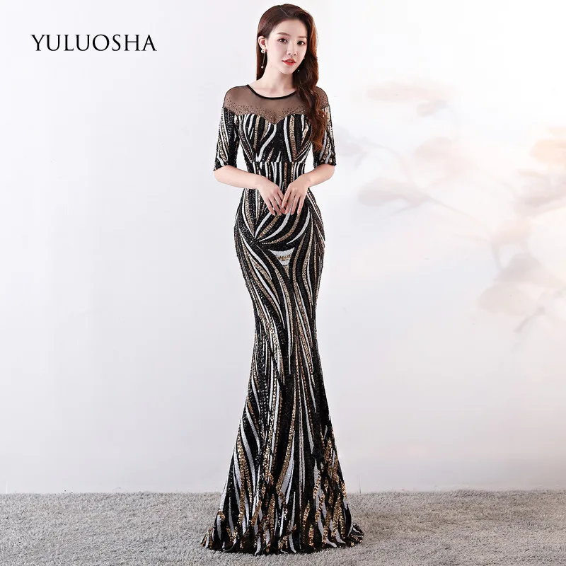

YULUOSHA Sexy Evening Dress Sequined Floor-Length O-Neck Crystal Long Dresses Evening Vestido Largo Fiesta Noche Elegante