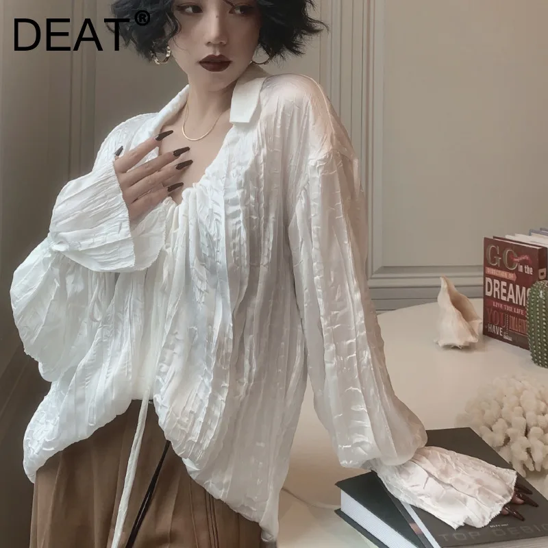 

Женская рубашка с длинным рукавом DEAT, Повседневная Свободная Однотонная рубашка с длинным рукавом, весна-осень 2021