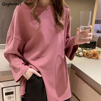 long sleeve t shirts women solid side slit chic korean style loose ulzzang teens bf autumn fashion vintage all match femme tops