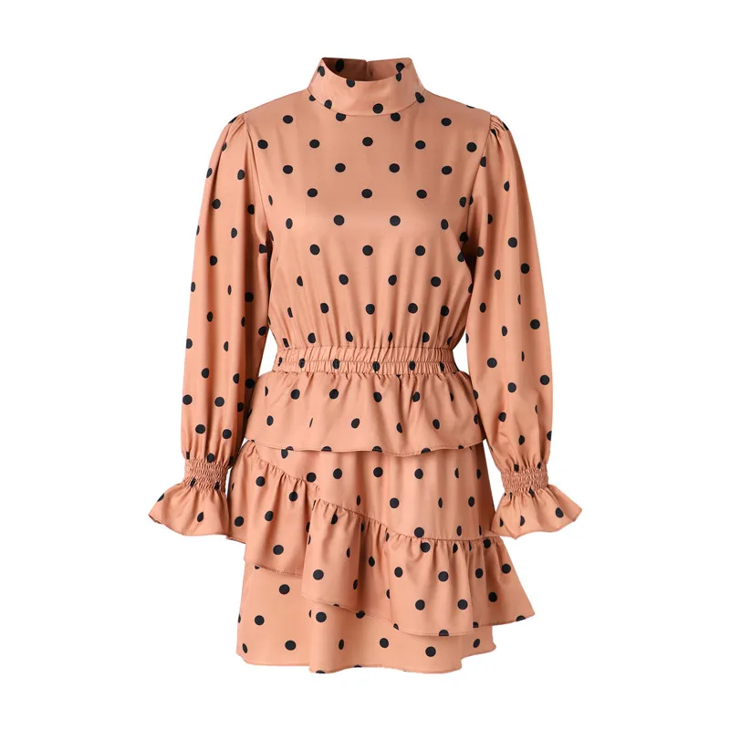 

Spring Fall Women Dot Print Ruffle Mini Dress Fashion Street Beach Long Sleeve Stand Collar Casual Slim Vestido Dress 2021 New