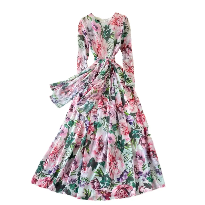 

2021 Spring Autumn Long Floral Dress Women Fashion Rose Print Waist Slim Long Sleeve Elegant Big Swing Maxi Dresses