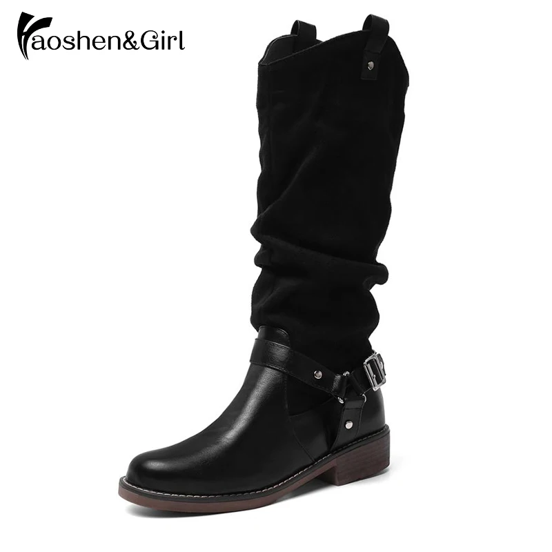 Haoshen & Girl/2020 г. Модные сапоги до колена из флока с пряжкой в стиле пэчворк