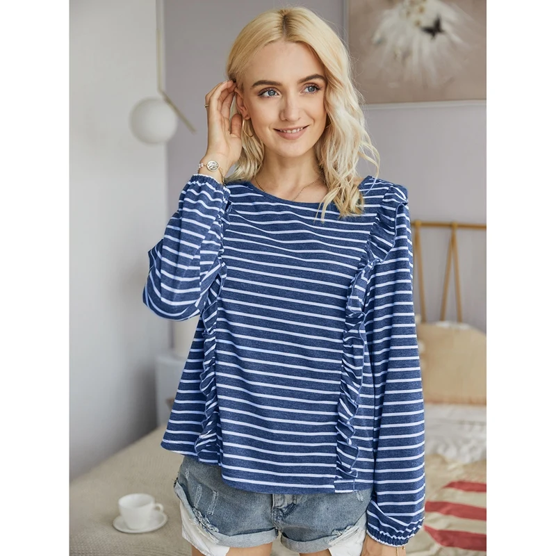 

Women Casual Top Round Neck Lotus Leaf Striped Long-Sleeve T-Shirt