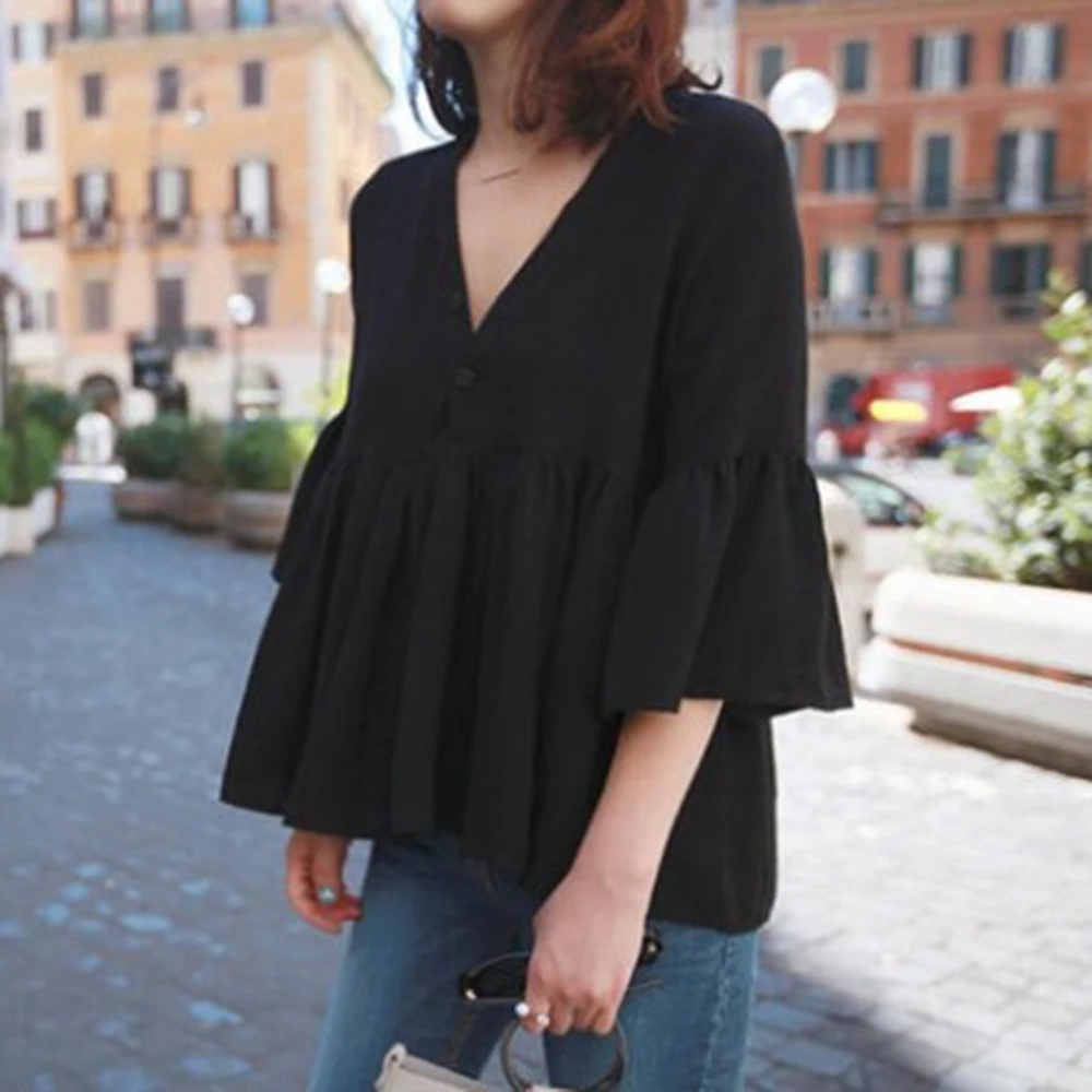 

V-Neck Spring Blouse Shirt Janpan Korean 2021 High Waist Pleated Tops Loose Style Femme Shirts Blouse Daily Long Sleeve