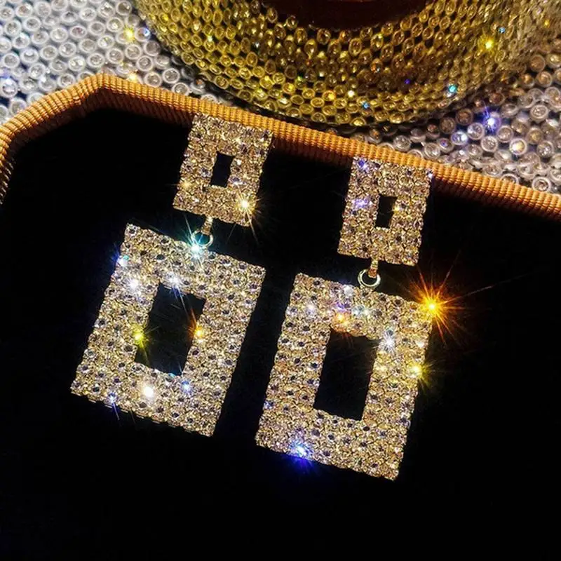 Luxury Shining Crystal Earrings Gold Silver Color Square Rhinestone for Women Wedding Party Jewelry | Украшения и аксессуары
