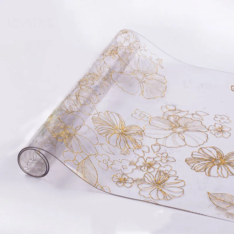 0,15 мм ПВХ золотой цветок, скатерти из мягкого стекла, водонепроницаемые, клееная ткань, вечерние коврики для кухонного стола, украшение для дома