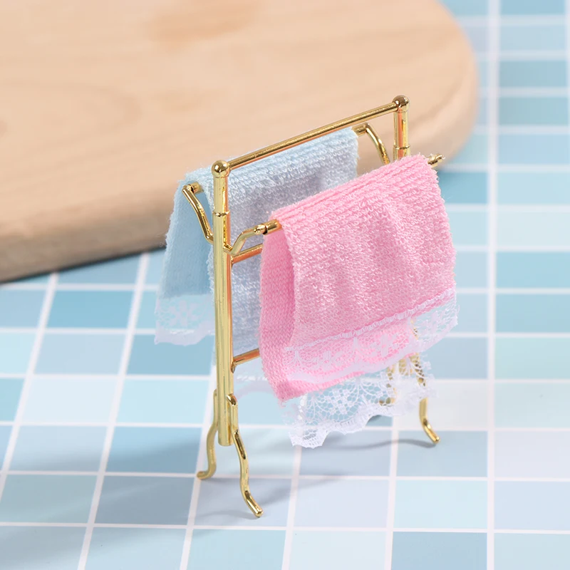 

1:12 Scale Metal Free-Standing Hand Towel Drying Rack with 2 Towels for Dollhouse Kitchen Bathroom Laundry Room