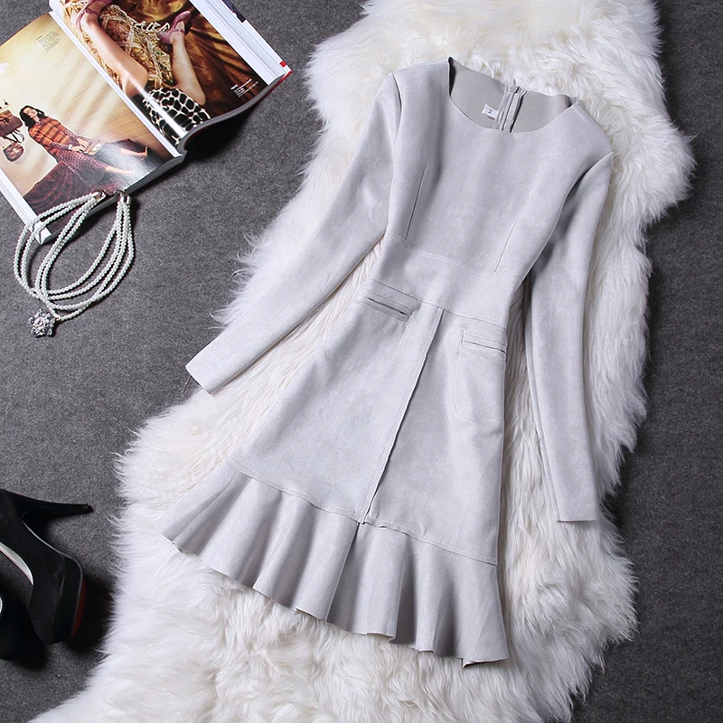 

women dress Spring and Autumn New Women's Splicing Slim Fishtail Ruffle Deerskin Dress Long Sleeve Dress Female Bottoming Winter