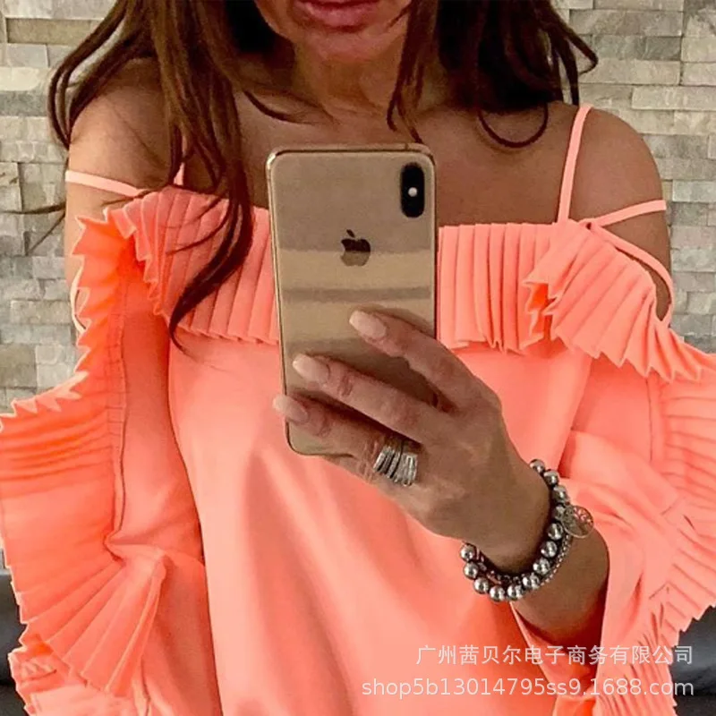 

Mandylandy Lady Spring Long Sleeve Off Shoulder Strap T-shirt Blouse Women Orange Elegant Ruffle Shirt Top