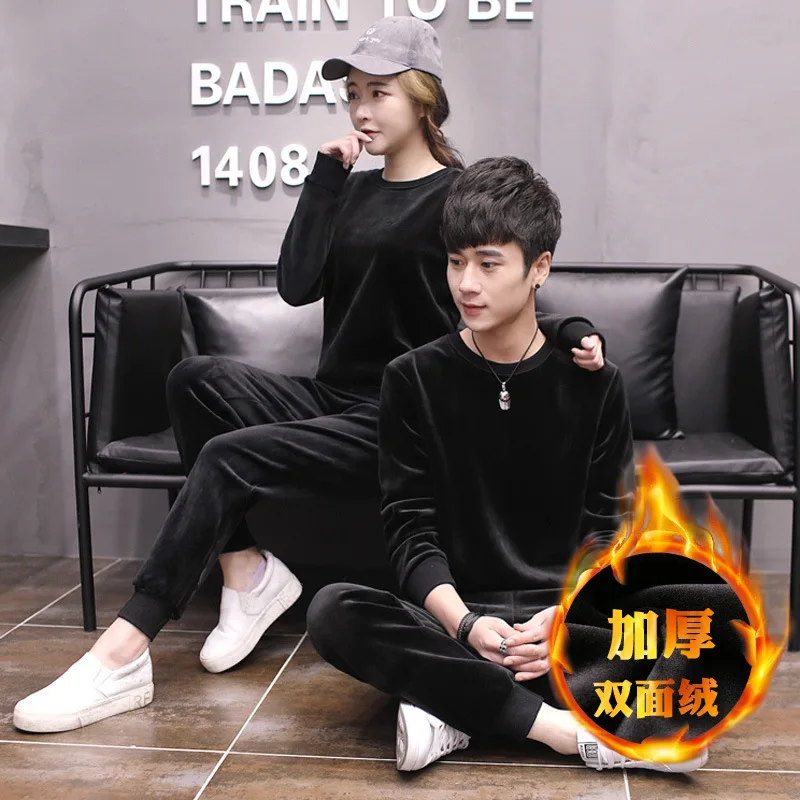 

Gold Velvet Suit for Men and Women In Autumn and Winter New Plus Velvet Thick Sweater Korean Young Casual Couple Two-piece Tide