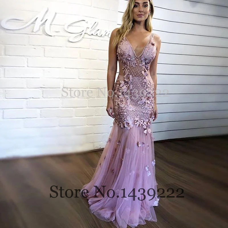 

Lilac Sexy Mermaid V Neck Evening Dresses Prom Lace Appliques Arabic Vestidos De Fiesta De Noche Robe De Soiree Plus Size