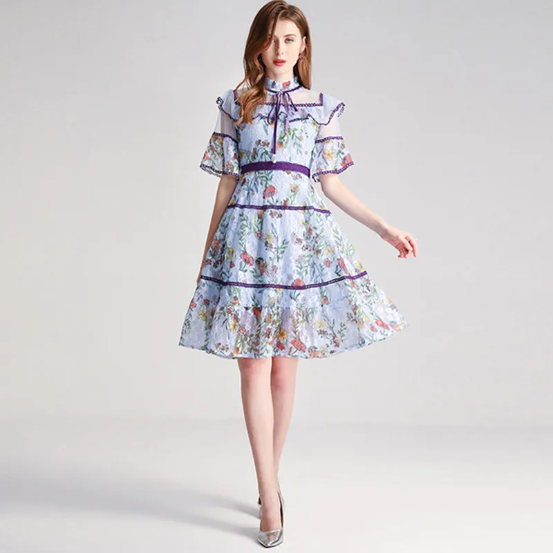 

Женское винтажное платье лоскутного покроя, элегантное кружевное платье во французском стиле с оборками в виде листьев лотоса, расширяющим...