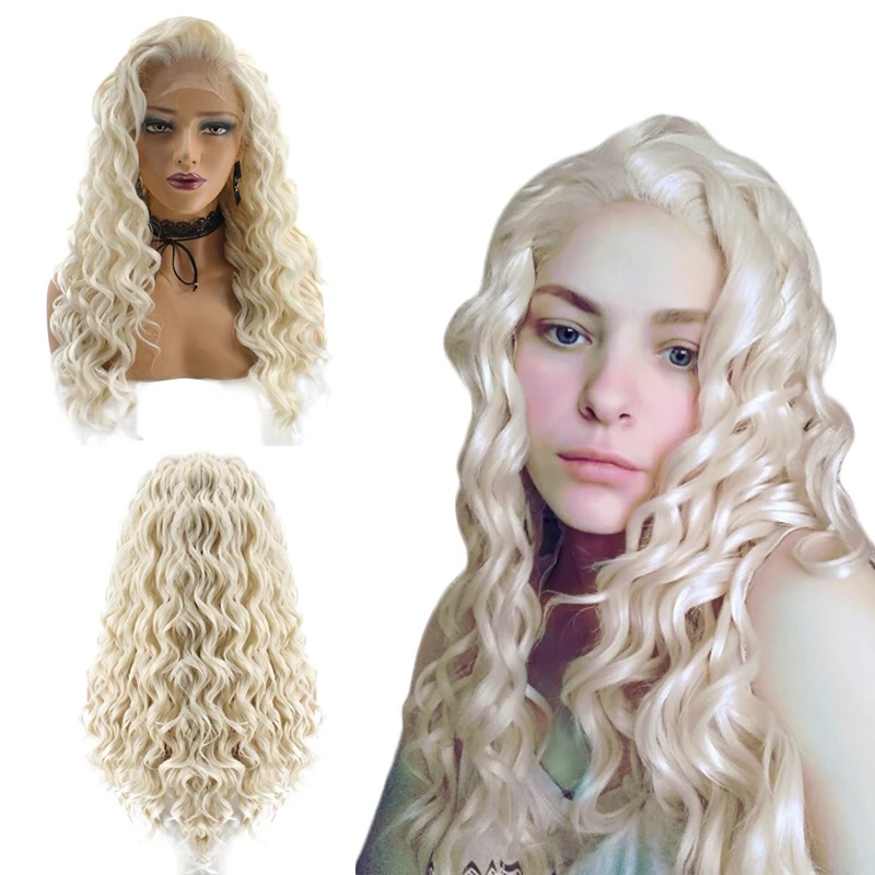 Ebingoo Hair cap+ высокотемпературное волокно натуральный длинный кудрявый платиновый блонд синтетический парик на кружеве с бесплатной частью