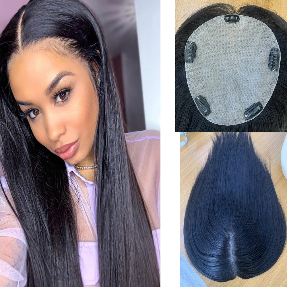 Big Base 13*15 Full silk Top  Women Toupee Hairpiece Wig Volume Hair Extension Straight Human Remy Silk Base Natural Black