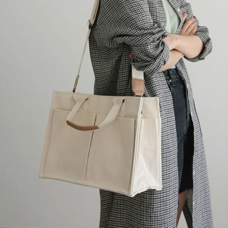 

Canvas Bag Women's Simple Fashion Handbag Literary Style Multi-pocket Ladies Personality Single Shoulder Messenger Diagonal Bag