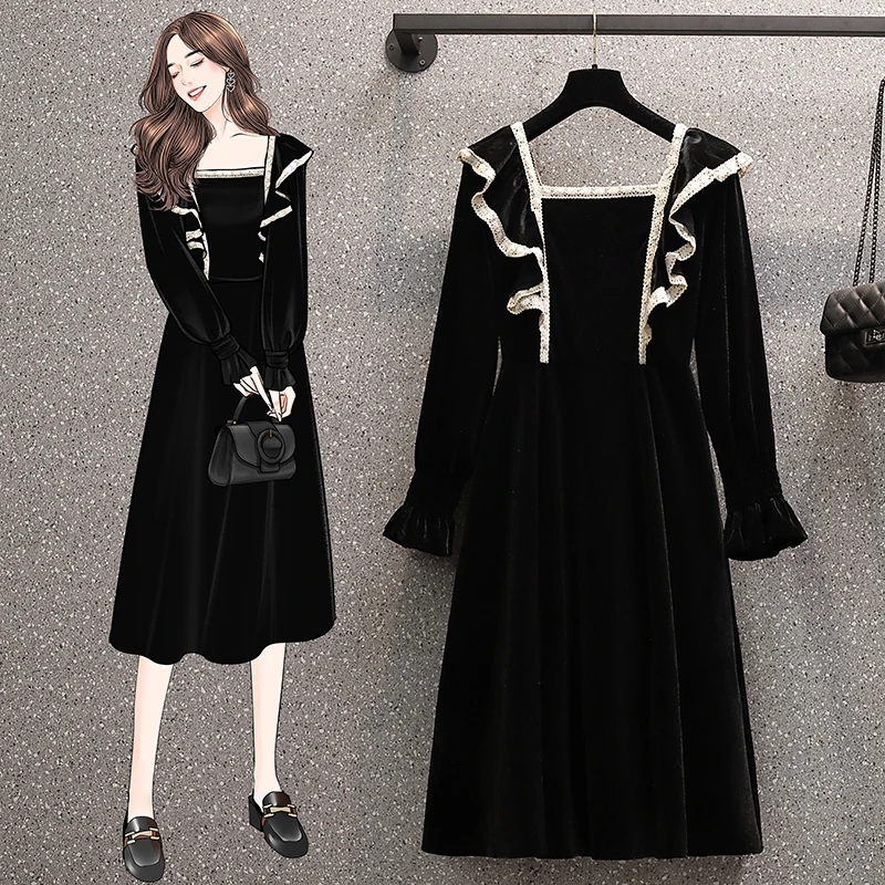 Женское винтажное бархатное платье элегантное черное до колена с кружевной