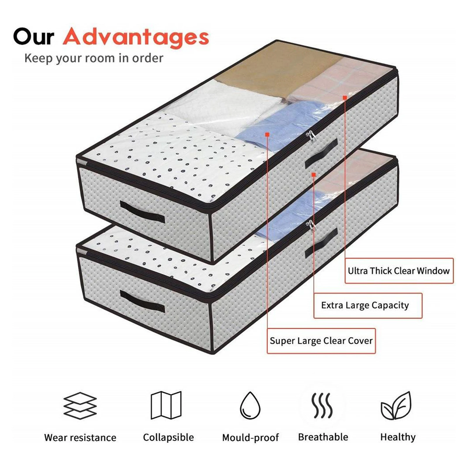 

2Pcs Storage Bags Closet & Underbed Organizer Set with Clear Cover for Clothes, Blanket, Comforter, Pillows