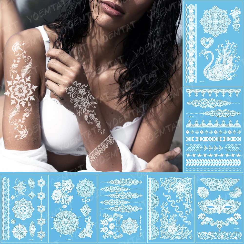 

Waterproof Temporary Tattoo Sticker Mandala Flower Dragonfly Lace Henna Flash Tatoo Boho White Bride Sexy Body Art Fake Tatto