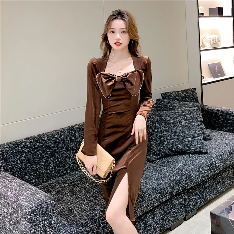 

Women One Piece Casual Dress Winter 2021 New Office Lady Korea Style Long Sleeve Solid High Waist Zipper Dresses Traf Robe