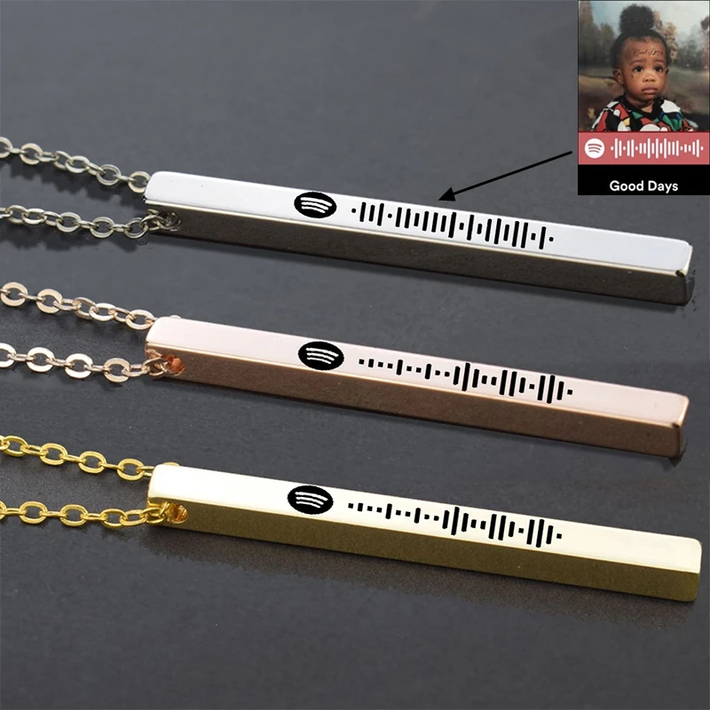 

Four Sides Engraving Stainless Steel Bar Custom Music Spotify Code Necklace Personalized Laser Carved Necklace for Women Men