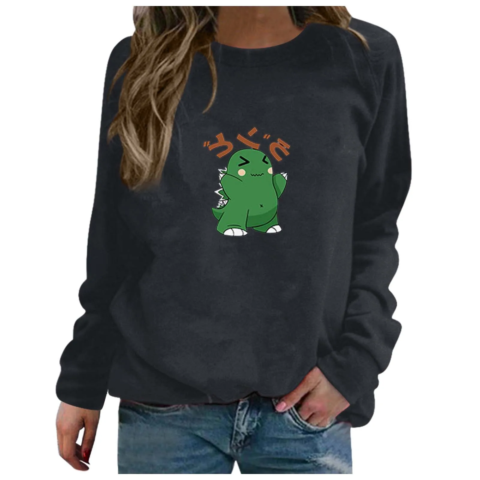

Oversized Sweatshirt Womens School Little dinosaur Print Round Neck Solid Hoodie Female Aesthetic Sweatshirts 2021