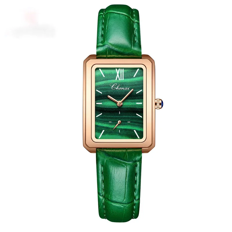 

New Quartz Small Square Watch Women's Leather Fashion Waterproof Malachite Student Watch Small Green Watch