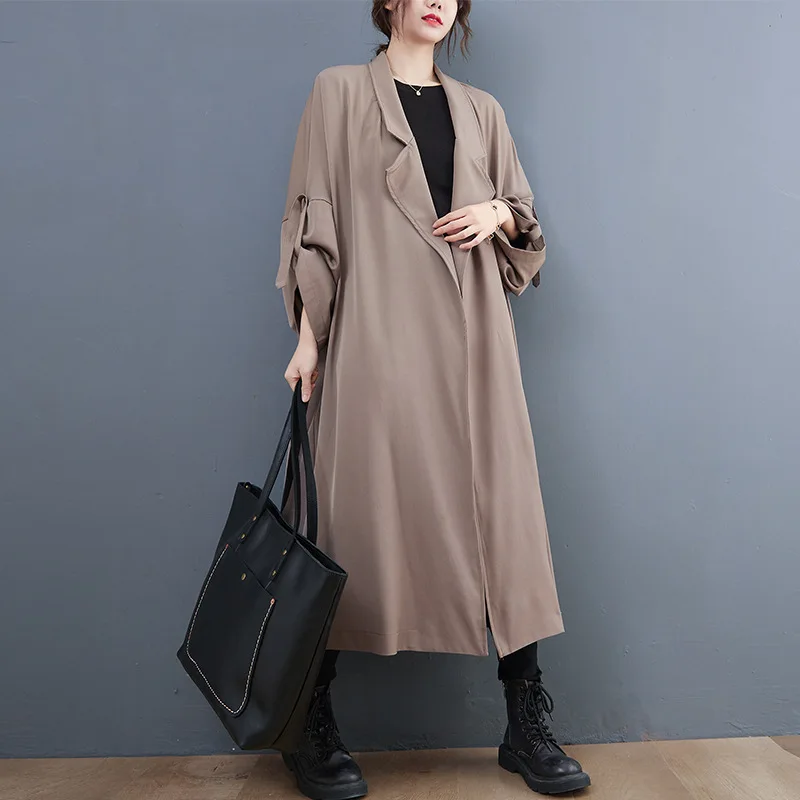 SuperAen 2022 Spring Autumn Fashion Notched Solid Plus Size Windbreaker Coat Long Slim Loose Jackets |