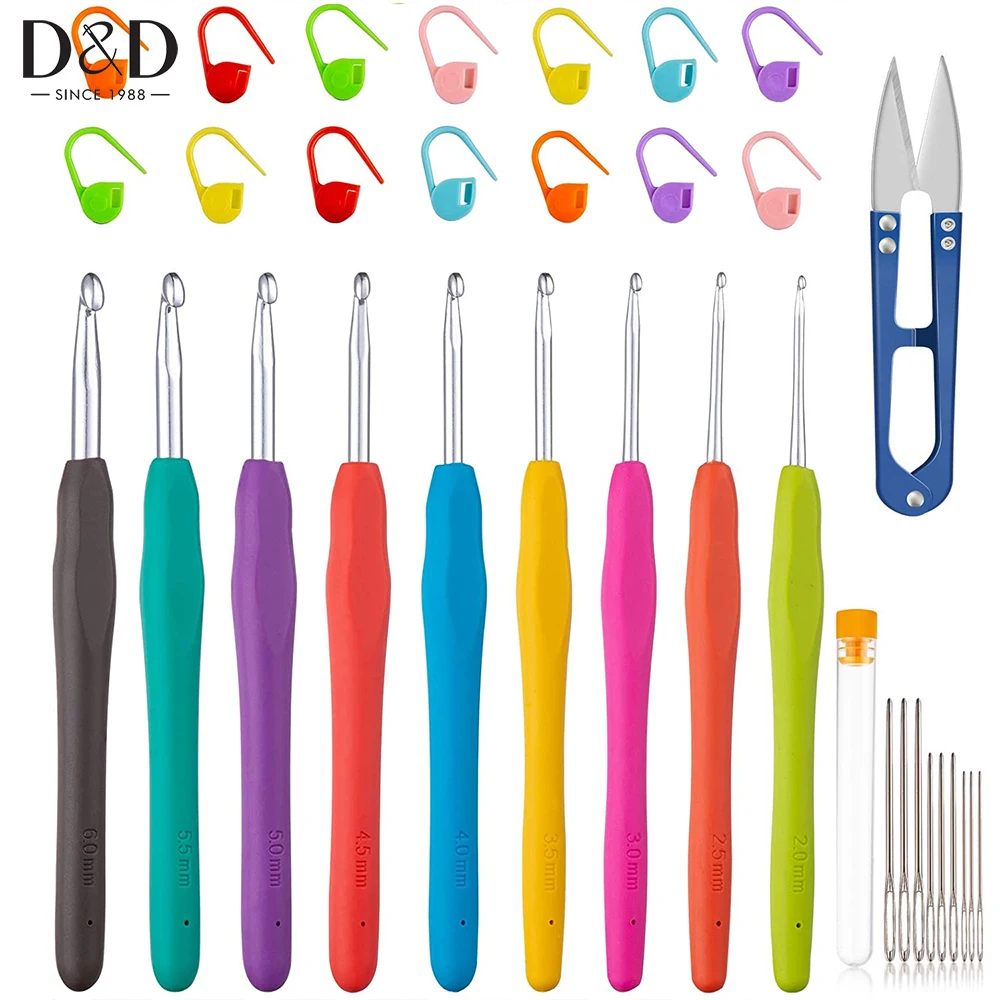 

9pcs/set Crochet Hook Set Colorful Ergonomic Soft Rubber Comfort Grip Crochet Household Tool With 20 Stitch Markers&1pc Scissors