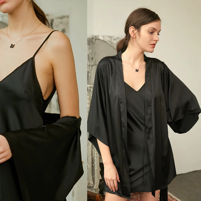 Женский Шелковый Атласный халат летняя сексуальная ночная рубашка с длинным