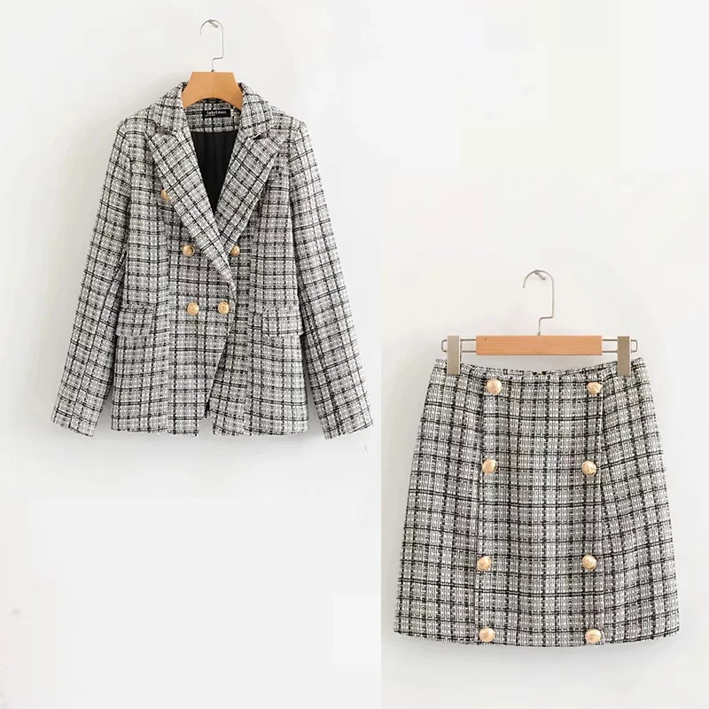 Женский костюм с юбкой осенне зимний двубортный блейзер в клетку повседневный