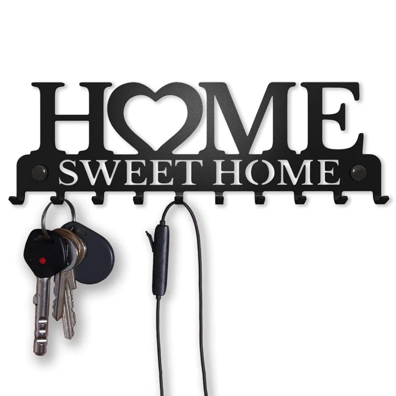 

Black Metal Hook Holder Creative Sweet Home 10-Hook Rack Key Holder Clothing Hat Stand for Door Kitchen Wall Home Decor