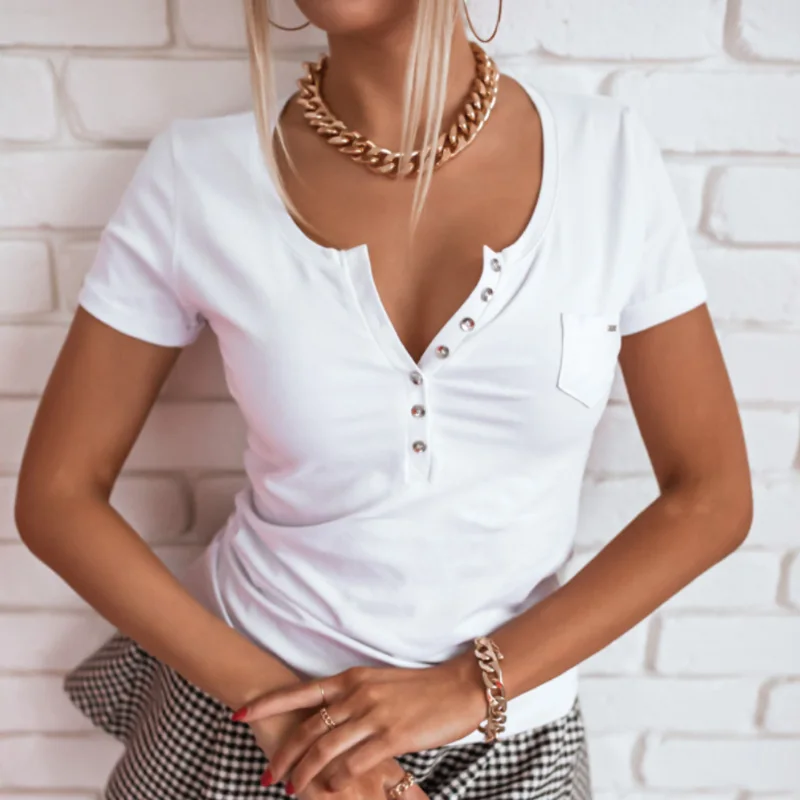 

2021 Summer Sweet Solid Candy Color Blouse Spring Sexy V Neck Short Sleeve Shirts Tops Women Fashion Basic Button Blusa Harajuku