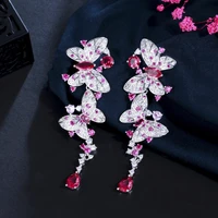 threegraces shiny butterfly shape long dangle pink red cubic zirconia earrings for women new fashion party costume jewelry er749