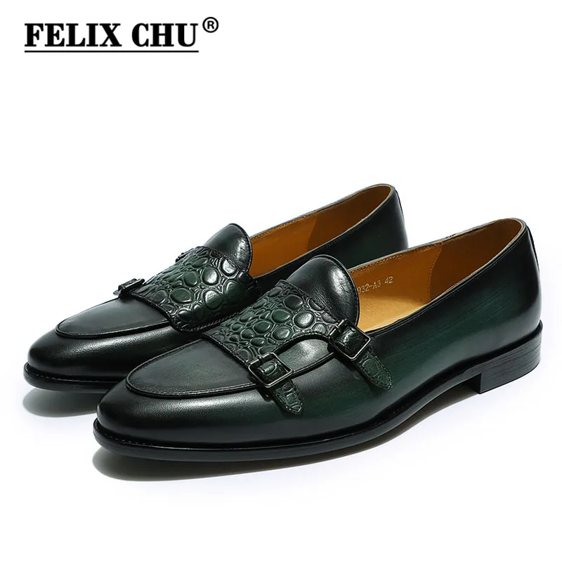 Роскошные мужские лоферы с двойным ремешком FELIX CHU; мужские повседневные модельные туфли из натуральной кожи коричневого и зеленого цвета; мужские свадебные туфли без застежки