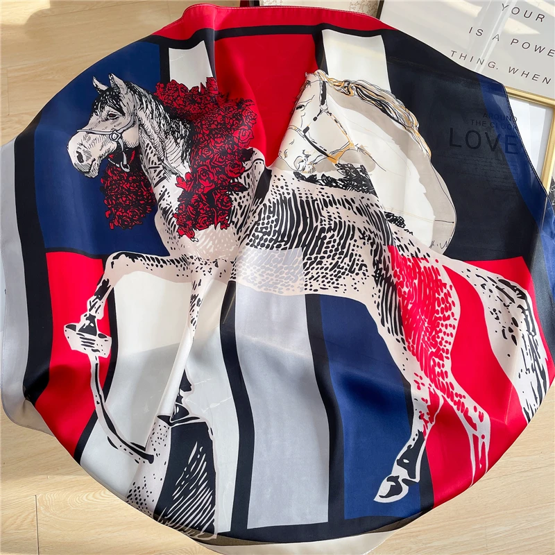 

Women Scarf Square Silk Design Horse Print Hair Scarves Neck Cover Foulard Female Neckerchief Bandana Soft Wrap Summer Scarves