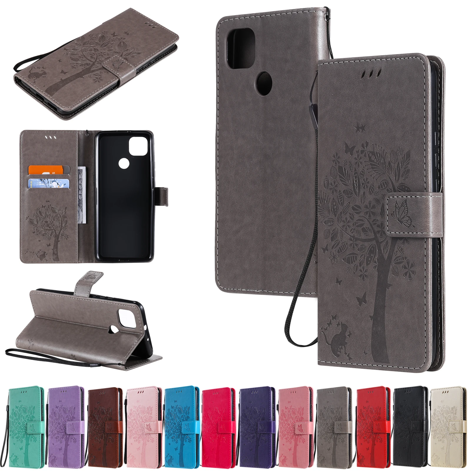 

for Motorola Moto G9 Power New 3D Embossing cat and tree Book Flip PU Leather Case Stand Cover Card Slots Protective Shell Skin