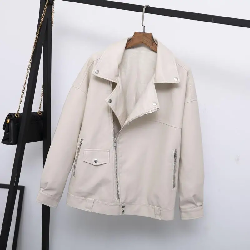 Trendy Spring Autumn Women Faux Leather Jacket Casual Loose Soft Pu Motorcycle Punk Leather Coat Female Zipper Rivet Outerwear