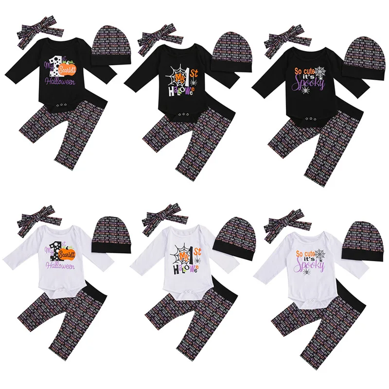 

Toddler Baby Girl Boy Halloween Clothes Long Sleeve Romper Tops+Long Pants+Headband+Hat Outfits 3-18M