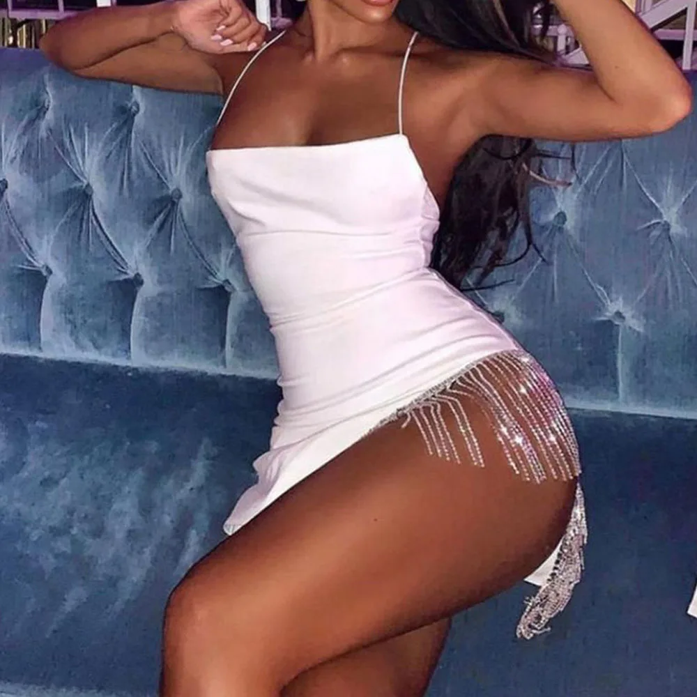 

Tassel Sexy Solid Sleeveless Spaghetti Strap Bodycon Dress New Fashion Elegant Club Party Mini Dress