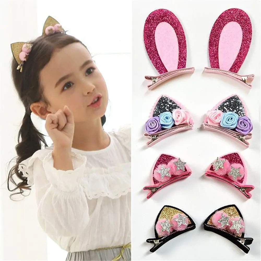 

2pcs/set Cute Rabbit Hair Clips For Girls Glitter Rainbow Felt Flowers Hairpins Cat Ears Bunny Barrettes Kids Hair Accessories