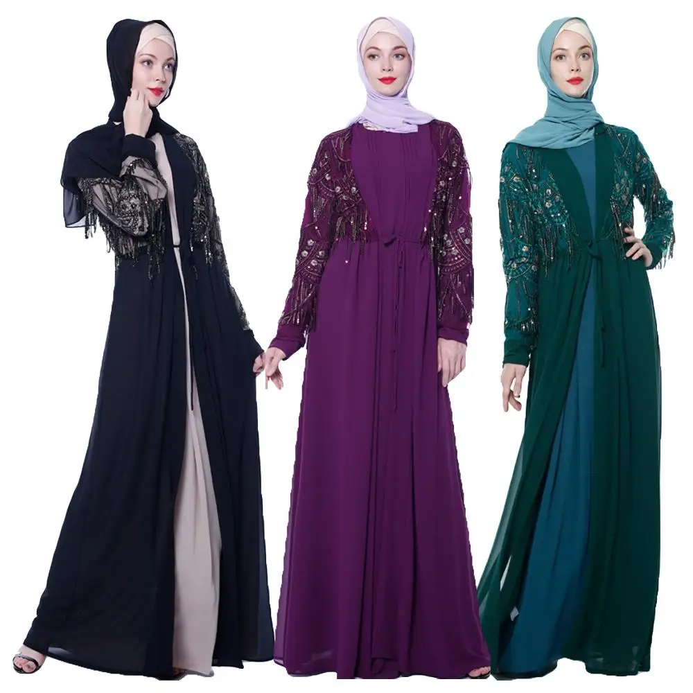 Кимоно с блестками абайя Дубай кафтан открытое женское мусульманское Макси