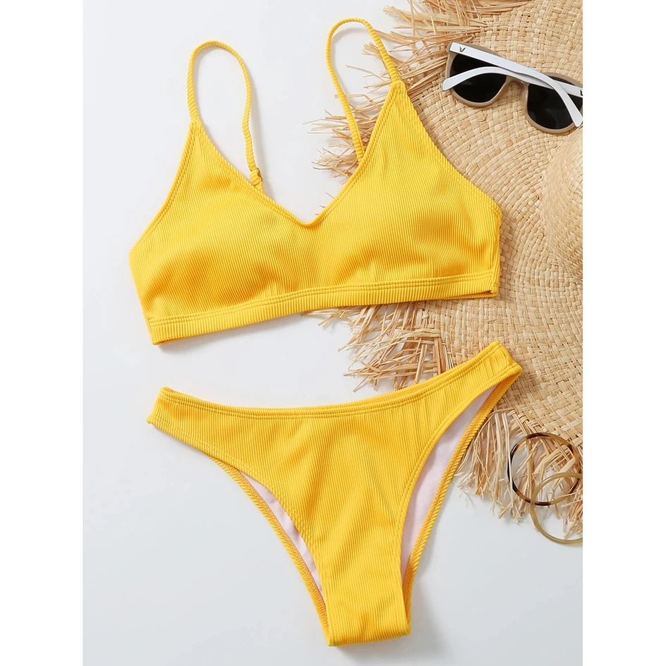 

Sexy Bikini 2021 Plain Rib Swimwear Women Swimsuit Female Brazilian Bikinis Set 2 Piece Women Bathing Suit Swim for Beach Wear
