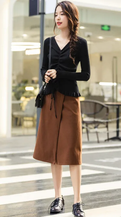 INMAN Winter Elegant Solid Color V Neck Drawstring Flower Swing Women Pullover Sweater