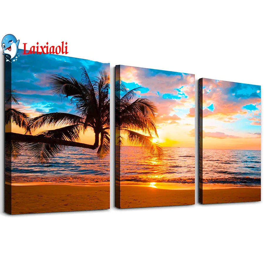 

Набор для алмазной вышивки 5D, мозаика с рисунком синего океана, закат, морской пейзаж, Триптих, вышивка крестиком, Пляжное домашнее искусств...