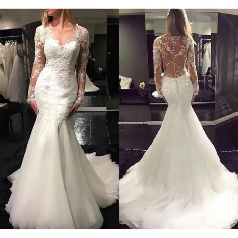 

Vintage Arabic Mermaid Wedding Dresses 2021 Trouwjurk Long Sleeve Bridal Gowns Sheer Illusion Beach Lace Mariage Customed